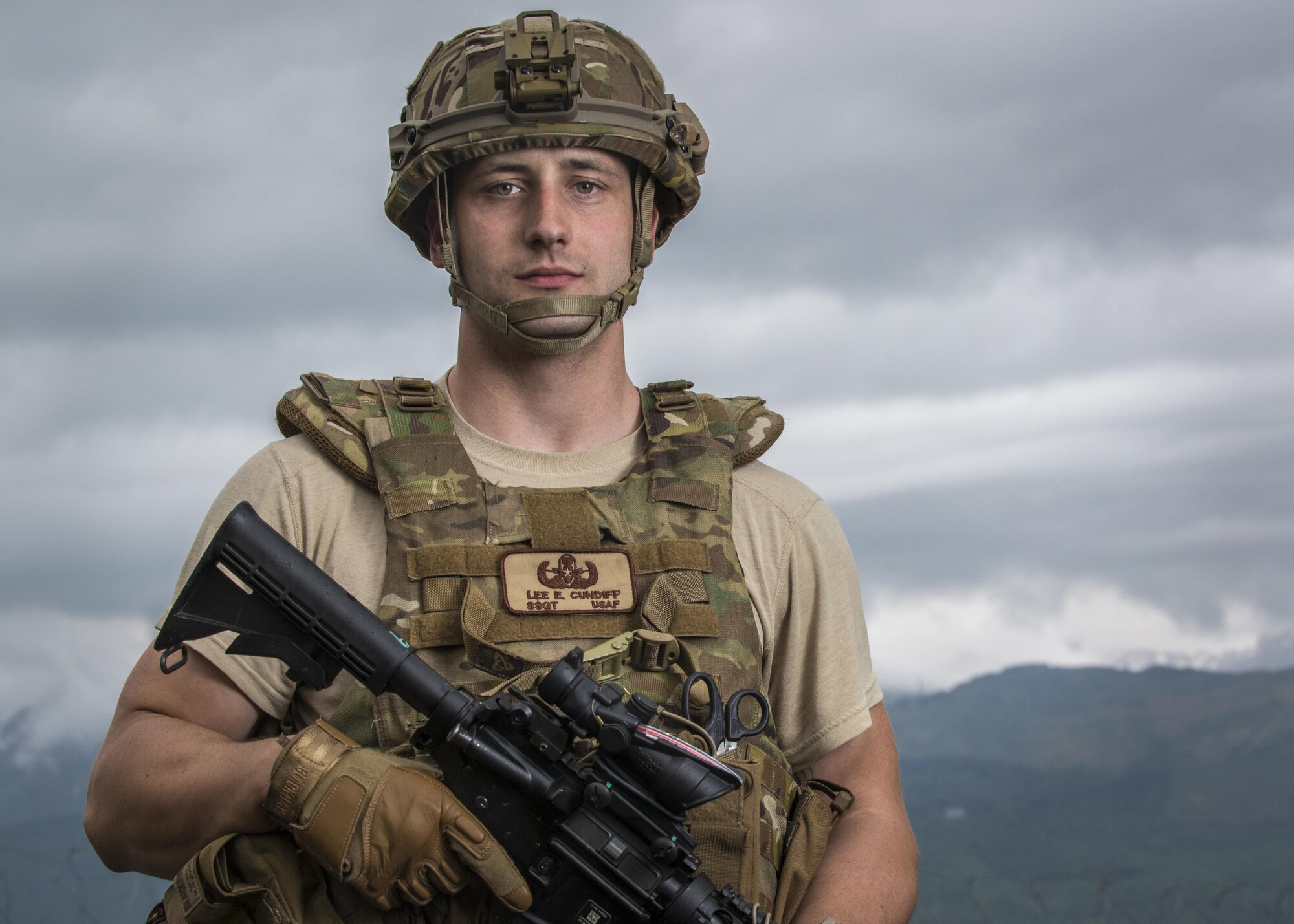 Staff Sgt. Lee Cundiff, 31st Civil Engineer Squadron explosive ordnance disposal technician, poses for a portrait May 19, 2016, at Aviano Air Base, Italy. Cundiff graduated from a Ranger Assessment Course on May 3, 2016, in Fort Bliss, Texas. Since the inception of Ranger training in 1950, only a handful of Airmen are allotted to attend the school annually and less than 300 Airmen have completed the 61-day course. (U.S. Air For photo by Airman 1st Class Cory W. Bush/Released)