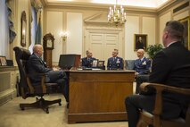 Delaware's Governor, Jack Markell, meets with 512th Airlift Wing Commander, Col. Scott Durham, and Col. Eric Brandes, 512th Maintenance Squadron commander, May 18, 2016, at the Governor's office in Dover, Del. Markell signed the Military Appreciation Proclamation, showing the State of Delaware's recognition of the sacrifices that military members, veterans and their families make every day for their country. (U.S. Air Force photo/Capt. Bernie Kale)