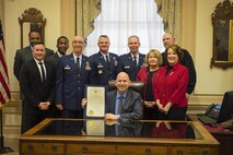 Delaware's Governor, Jack Markell, meets with 512th Airlift Wing Commander, Col. Scott Durham, and Col. Eric Brandes, 512th Maintenance Squadron commander, May 18, 2016, at the Governor's office in Dover, Del. Markell signed the Military Appreciation Proclamation, showing the State of Delaware's recognition of the sacrifices that military members, veterans and their families make every day for their country. (U.S. Air Force photo/Capt. Bernie Kale)