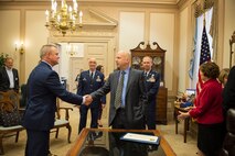 Delaware's Governor, Jack Markell, meets with 512th Airlift Wing Commander, Col. Scott Durham, and Col. Eric Brandes, 512th Maintenance Squadron commander, May 18, 2016, at the Governor's office in Dover, Del. Markell signed the Military Appreciation Proclamation, showing the State of Delaware's recognition of the sacrifices that military members, veterans and their families make every day for their country. (U.S. Air Force photo/Capt. Bernie Kale)