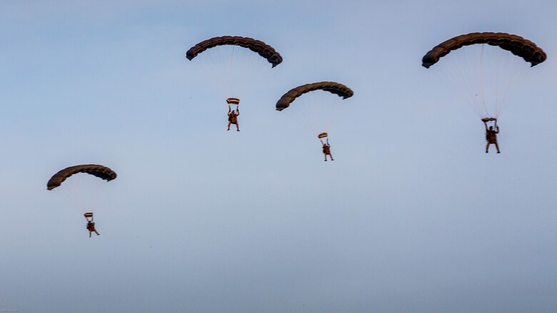 Reconnaissance Marines with the Maritime Raid Force, 11th Marine Expeditionary Unit, parachute into an objective area during a reconnaissance and surveillance mission at a MEU field exercise aboard Marine Corps Base Camp Pendleton, Calif., May 12, 2016. Reconnaissance Marines specialize in a variety of insertion methods via land, sea and air. The MRF is completing their particular training missions to certify them for the 11th MEU’s Western Pacific 16-2 deployment later this year. 
