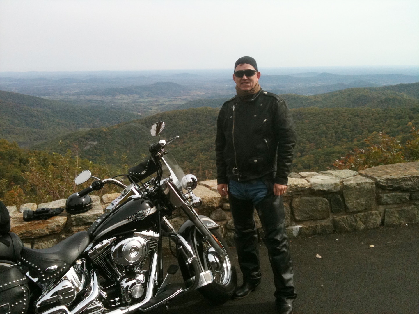 DLA employee Phil Prater stops at an overlook during a motorcycle ride through Skyline Drive, Virginia, Oct. 18, 2010.