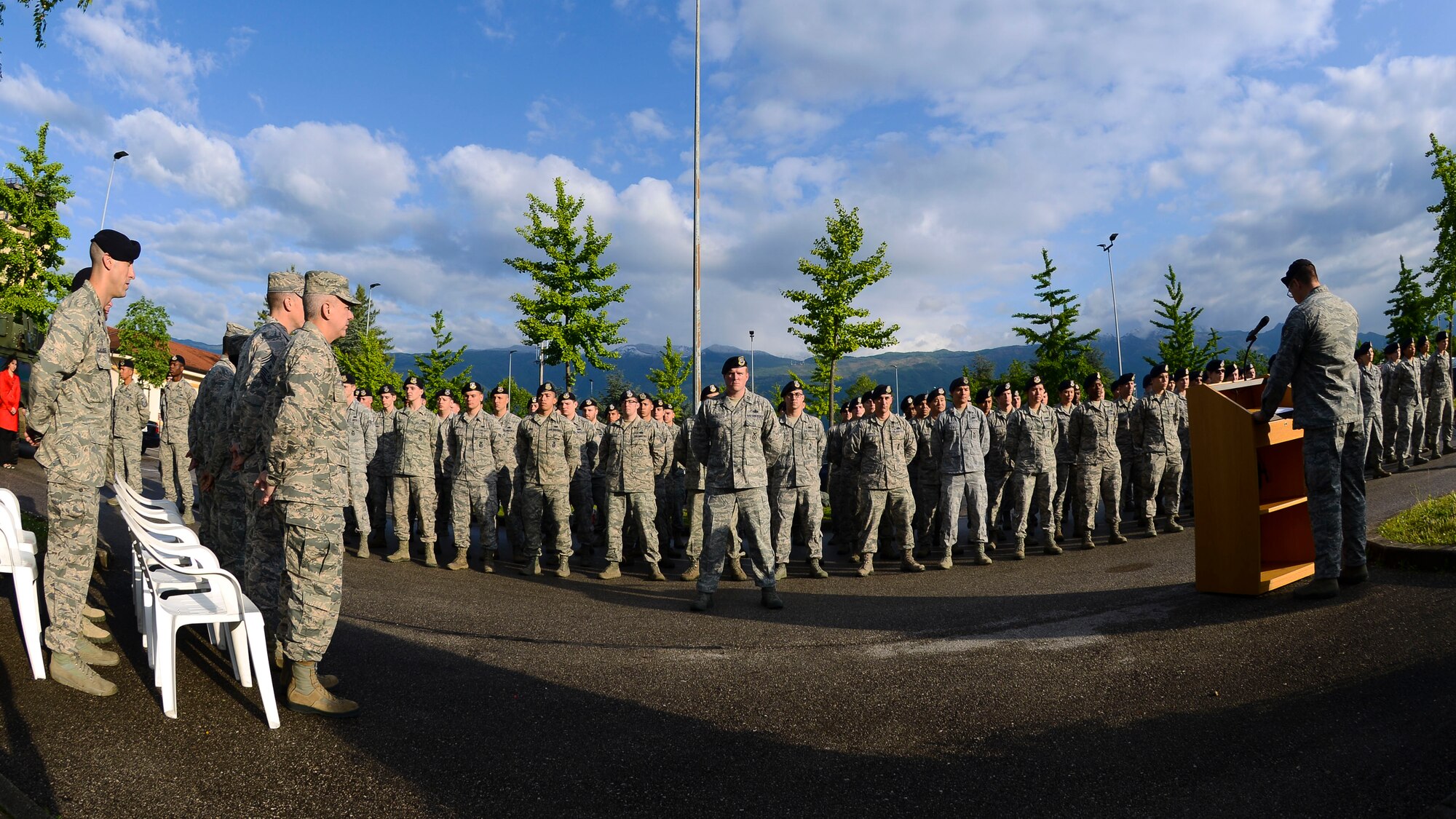 Defenders from the 31st Security Forces Squadron stand in formation during a Police Week proclamation May 16, 2016, at Aviano Air Base, Italy. During the week, ceremonies, memorials and other events took place to honor the men and women who have fallen in the line of duty. (U.S. Air Force photo by Senior Airman Austin Harvill/Released)