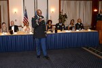 Army Col. Ralph Roper, outgoing DLA Joint Reserve Force Army Reserve Element commander, speaks to attendees at a May 14, 2016, Dining Out at Joint Base Andrews, Maryland.