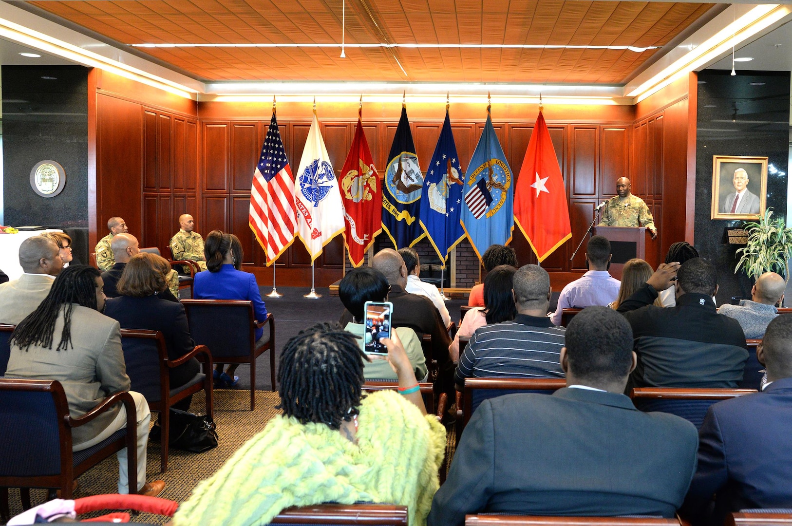 Army Col. Ralph Roper speaks to the crowd just after relinquishing command of the Defense Logistics Agency’s Army Reserve Element May 15 at a change of command ceremony at the McNamara Headquarters Complex, Fort Belvoir, Virginia.