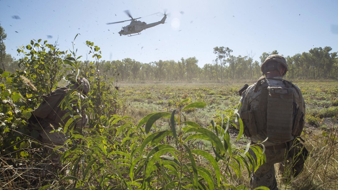 A UH-1Y Venom helicopter hovers above a landing zone outside of Robertson Barracks, Northern Territory, Australia, May 20, 2016. Marines with Marine Rotational Force - Darwin simulated causality evacuations with a UH-1Y Venom helicopter. MRF-D is a six-month deployment of Marines into Darwin, Australia, training in a new environment. The Marines are with Marine Light Attack Helicopter Squadron 367, MRF-D.