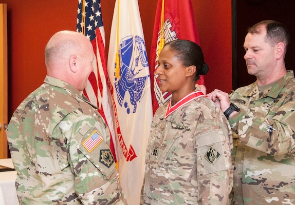 U.S. Army Corps of Engineers, Transatlantic Division leaders presented the Steel order of the deFleury Medal to Capt. Alicia Luces, a project manager with the Middle East District, in an award ceremony April 21.