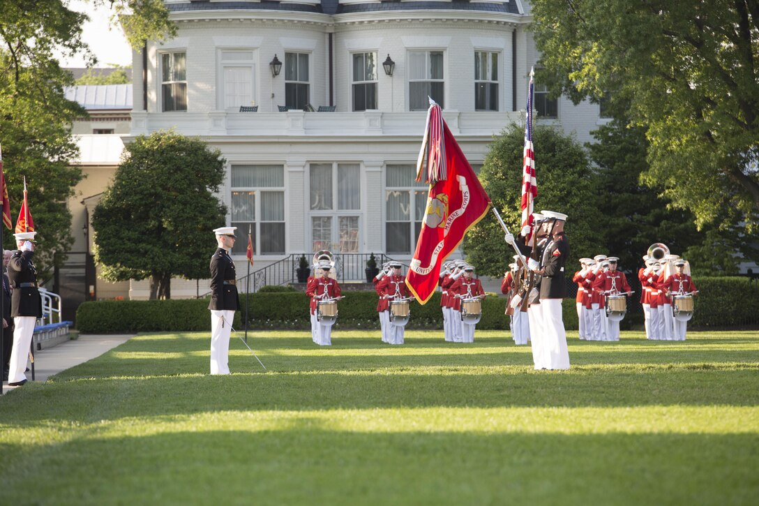 The United States Marine Corps Color Guard presents the colors during the retirement ceremony of Lt. Gen. Robert E. Schmidle Jr., at Marine Barracks Washington, D.C., May 19, 2016. Schmidle was appointed as the Principle Director of Cost Assessment and Program Evaluations, Office of the Secretary of Defense in March of 2014, where he was responsible for analyzing and evaluating plans, programs and budgets in relation to U.S. defense objectives. (Official Marine Corps photo by Cpl. Chi Nguyen/Released)