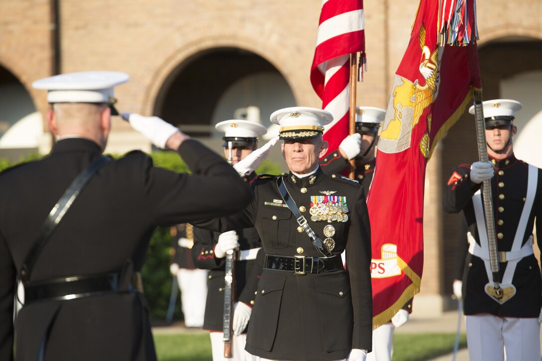 From left to right, Gen. John M. Paxton, assistant commandant of the Marine Corps, and Lt. Gen. Robert E. Schmidle salute during his retirement ceremony at Marine Barracks Washington, D.C., May 19, 2016. Schmidle was appointed as the Principle Director of Cost Assessment and Program Evaluations, Office of the Secretary of Defense in March of 2014, where he was responsible for analyzing and evaluating plans, programs and budgets in relation to U.S. defense objectives. (Official Marine Corps photo by Cpl. Chi Nguyen/Released)