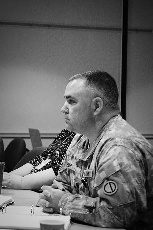 Army Reserve Lt. Col. Jason Hunt, G3, chief of training at the 85th Support Command, listens during an Army Reserve Physical Security Officer training class, May 18, 2016. Hunt stated that he felt that the training is important in maintaining readiness to protect soldiers. The training prepares soldiers to function in a ready state and maintain all wartime issue items.
(U.S. Army photo by Sgt. Aaron Berogan/Released)