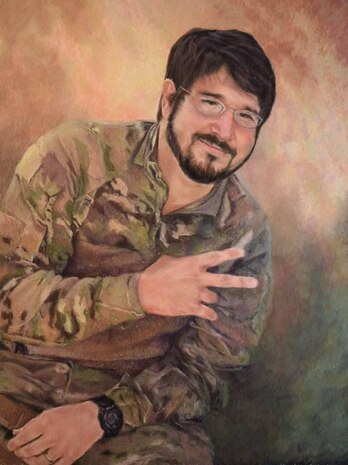 A painted portrait of Staff Sgt. Michael A. Cinco, Air Force Office of Special Investigations, 11th Field Investigations Squadron, Joint Base San Antonio-Randolph, Texas. Cinco and five other Airmen were killed by a suicide bomber near Bagram Airfield, Afghanistan, Dec. 21, 2015. (Courtesy photo)