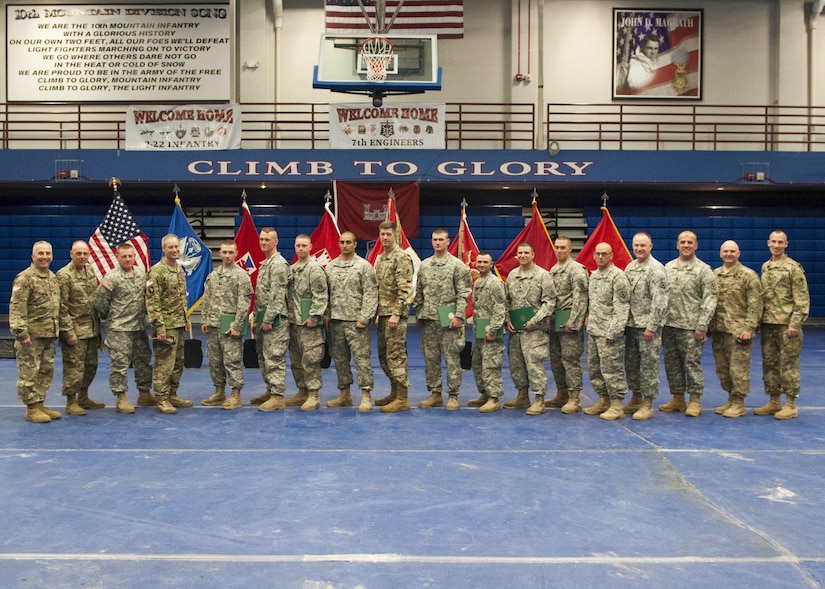 Army Soldiers Spc. Caleb S. Bailor, Sgt. Christian E. Cieslak, assistant team Leader, Spc. Dennis P. Kianka, Spc. Trevor P. Peden, Pvt. First Class Jacob L. Reed, Staff Sgt. Daniel R. Ryan, Pvt. First Class Kristoff D. Scherma, of the 382nd Engineer Company, 365th Engineer Battalion, 411th Engineer Brigade, 412th Theater Engineer Command, out of Harrisburg, Pennsylvania, are recognized for winning the 2016 Sapper Stakes competition at Fort Drum, New York, during the third year of the competition.