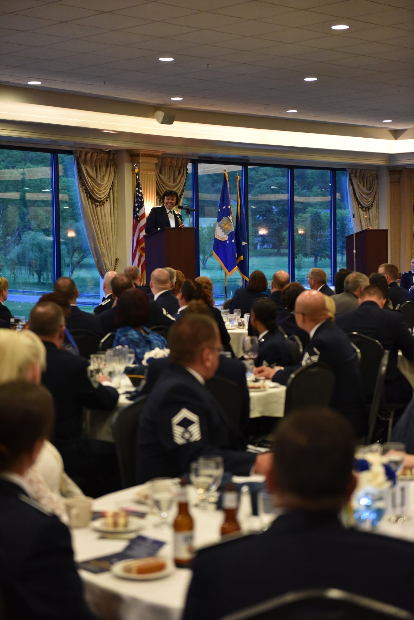 Maj. Gen Stayce D. Harris, commander of the 22nd Air Force, speaks at the 911th Airlift Wing’s annual awards banquet May 14, 2016, at the Club at Shadow Lakes, Aliquippa, Pa. Harris, who joined the Air Force Reserve in 1991 after serving in an active duty status, was the guest speaker for the event. (U.S. Air Force photo by Airman Bethany Feenstra)
