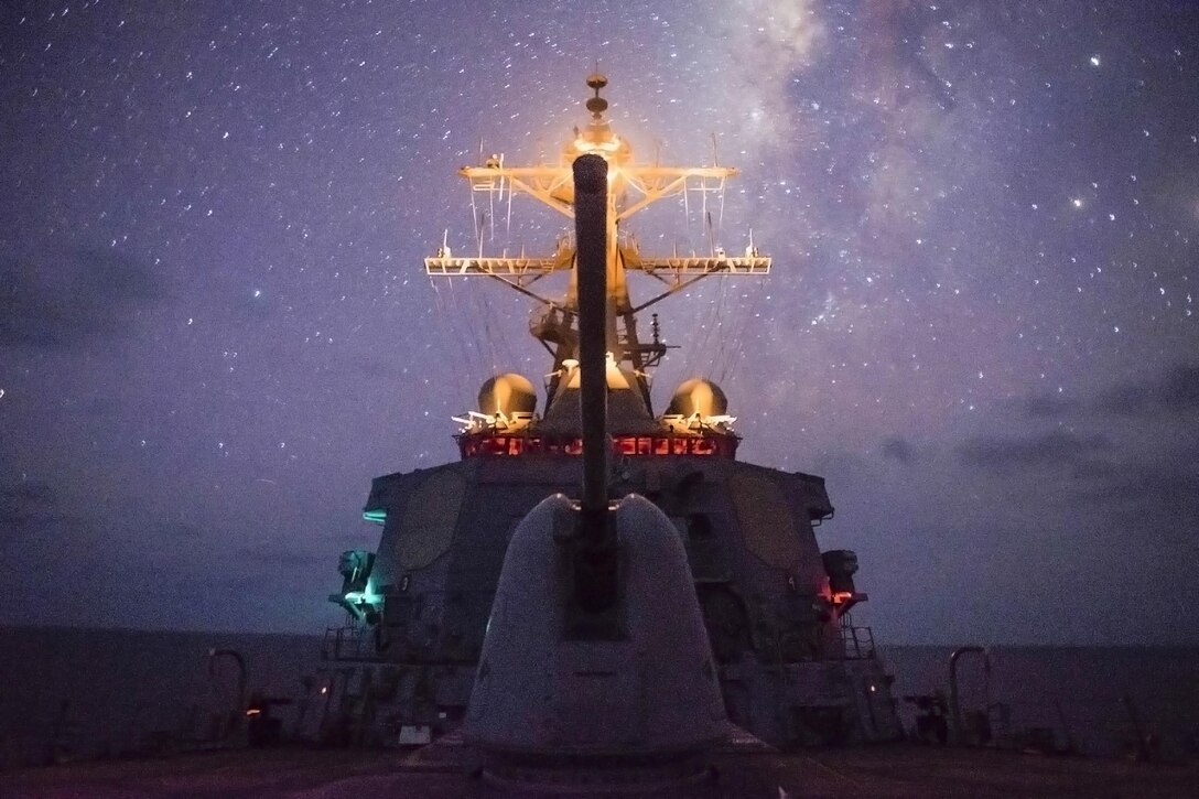 The guided-missile destroyer USS Gonzalez travels in the Gulf of Aden, May 14, 2016. The Gonzalez is supporting maritime security operations and theater security cooperation efforts in the U.S. 5th Fleet area of responsibility. Navy photo by Petty Officer 3rd Class Pasquale Sena
