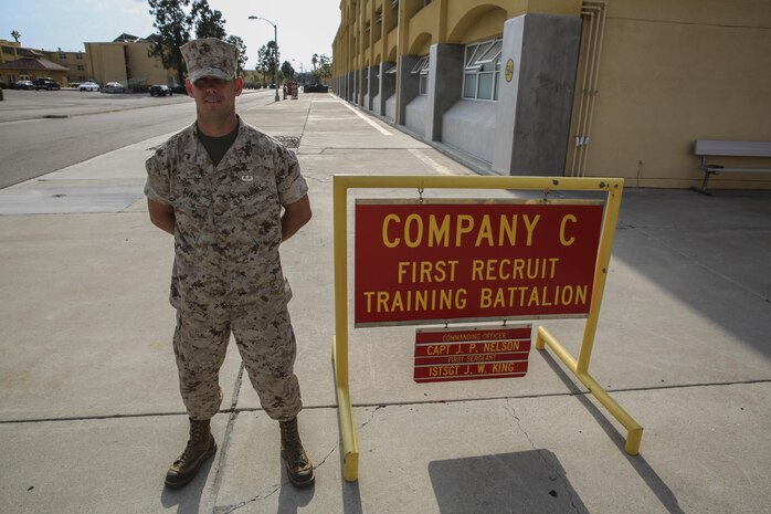 Private First Class Sean F. Evans, Charlie Company, 1st Recruit Training Battalion, stands in front of his squad bay at Marine Corps Recruit Depot San Diego, May 17. Following graduation of recruit training, Evans will report to the School of Infantry in Marine Corps Base Camp Pendleton, Calif., to learn his military occupational specialty as an infantryman. He plans on trying out to be a reconnaissance Marine or a Marine Raider and making a career out of the Corps.