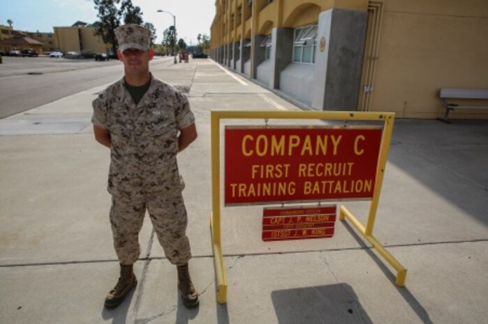 Private First Class Sean F. Evans, Charlie Company, 1st Recruit Training Battalion, stands in front of his squad bay at Marine Corps Recruit Depot San Diego, May 17. Following graduation of recruit training, Evans will report to the School of Infantry in Marine Corps Base Camp Pendleton, Calif., to learn his military occupational specialty as an infantryman. He plans on trying out to be a reconnaissance Marine or a Marine Raider and making a career out of the Corps.