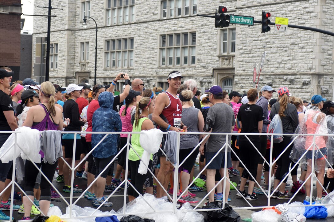 David Quint (wearing St. Jude Hero tank top), Labor and Management Employee Relations specialist with the U.S. Army Corps of Engineers Nashville District, awaits the start of the St. Jude Children’s Research Hospital Rock ‘n Roll Half Marathon in Nashville, Tenn., April 30, 2016.