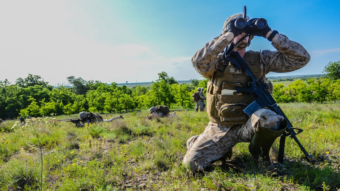 Second Lt. Samuel Fitzmaurice scans for simulated enemy targets at the Field Artillery Basic Officers Leadership Course at Fort Sill, Oklahoma, May 12, 2016. The students learn how to observe the rounds and make corrections to get an accurate shot on target. 