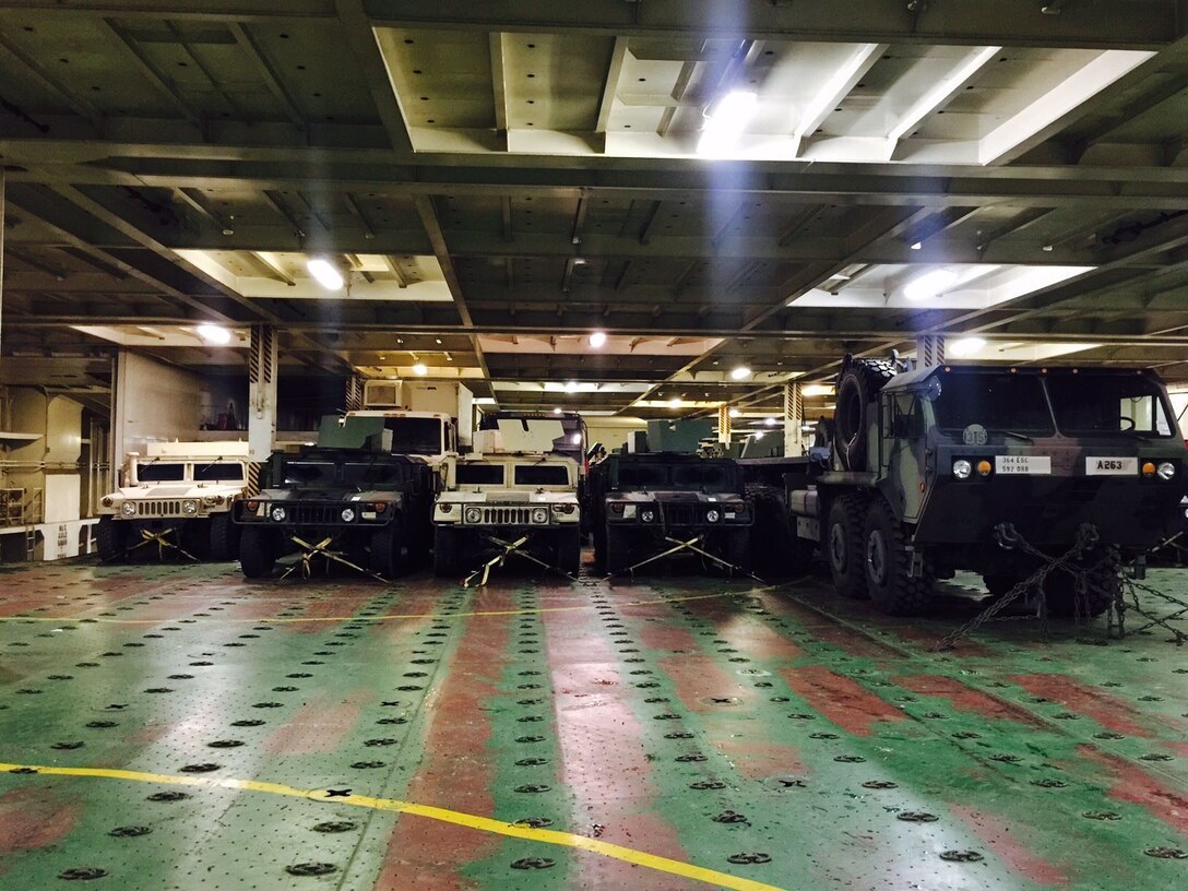 U.S. Army Reserve Humvees and a Heavy Expanded Mobility Tactical Truck belonging to the 364th Expeditionary Sustainment Command are tied down on the ARC Integrity transport ship on the way to the port of Szczecin, Poland, April 23, in preparation for Exercise Anakonda 16. The 364th is the largest U.S. Army Reserve contingent participating in Anakonda 16, a Polish-led, joint multinational exercise taking place throughout Poland from June 7-17. The exercise involves more than 25,000 participants from 24 nations is a premier training event for U.S. Army Europe and our Allied partners. The ARC Integrity arrived in Poland, May 20. (U.S. Army photo by Maj. Marvin Baker/364th Expeditionary Sustainment Command) (Released)