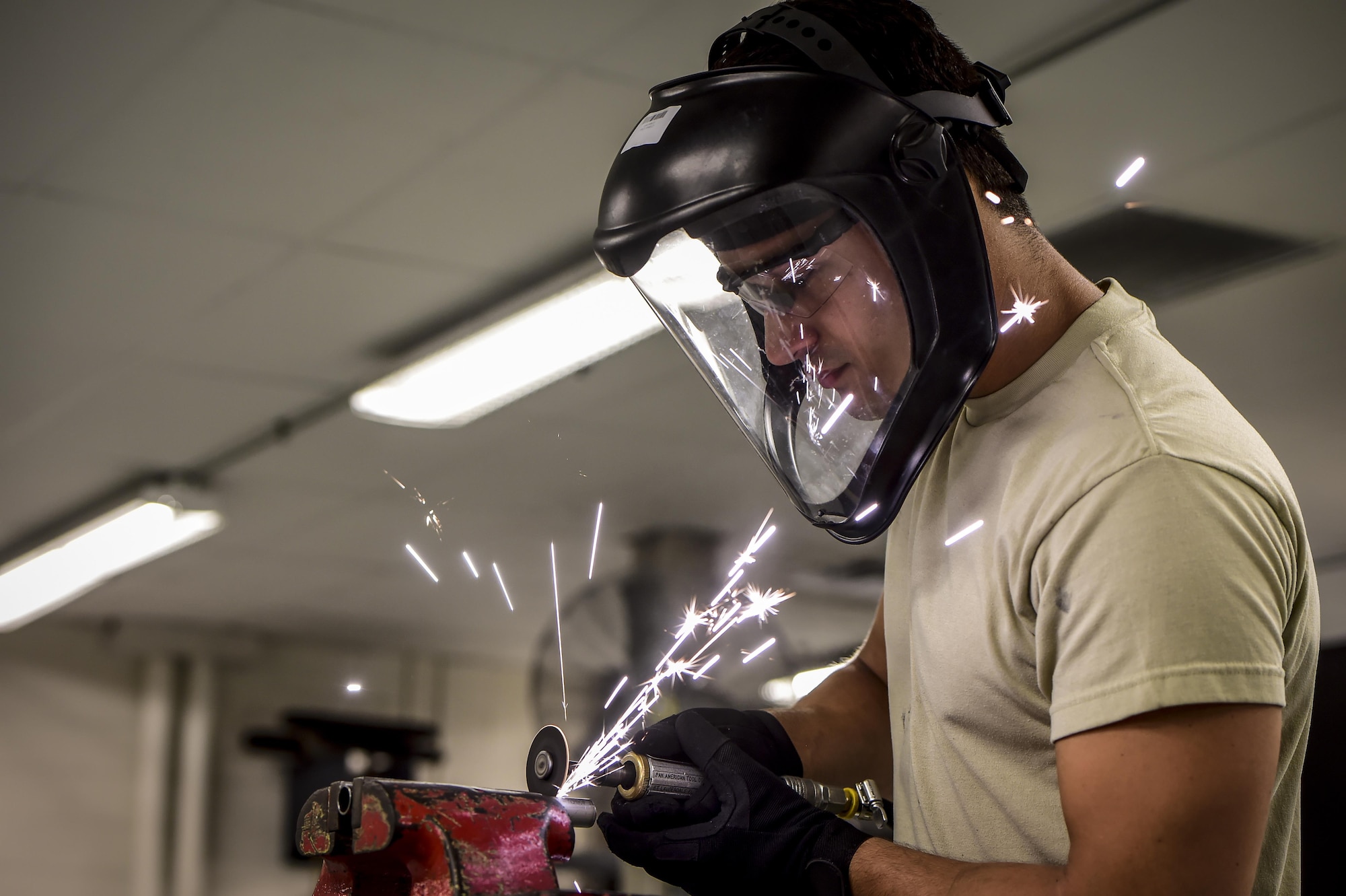 Staff Sgt. David Sidatt, an aircraft structural maintenance Airman with the 1st Special Operations Maintenance Squadron, uses a cutting wheel to cut aircraft tubing at Hurlburt Field, Fla., May 17, 2016. The 1st SOMXS aircraft structural maintenance Airmen construct aircraft parts for the CV-22 Osprey, AC-130U Spooky, MC-130H Combat Talon II and the AC-130J Ghostrider, keeping Hurlburt’s aircraft combat ready. (U.S. Air Force photo by Staff Sgt. Christopher Callaway)