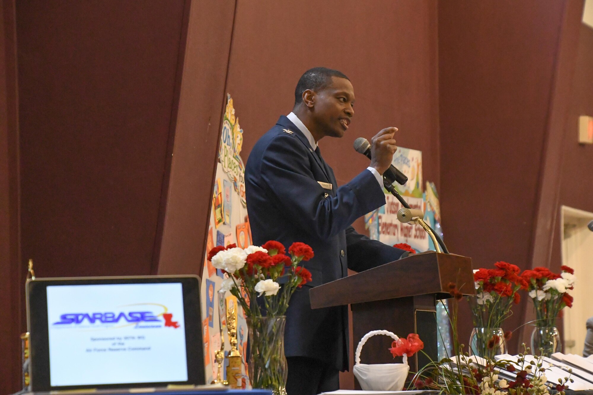 U.S. Air Force Col. Brandon Parker, vice commander of the 2nd Bomb Wing, addresses graduates of the 1,000th STARBASE Louisiana Class at Judson Fundamental Elementary Magnet School in Shreveport, La. on May 19, 2016. The STARBASE program provides a 25-hour hands-on minds-on STEM (science, technology, engineering, and mathematics) curriculum to area fifth-grade students and their teachers. (U.S. Air Force photo by Master Sgt. Dachelle Melville/Released)