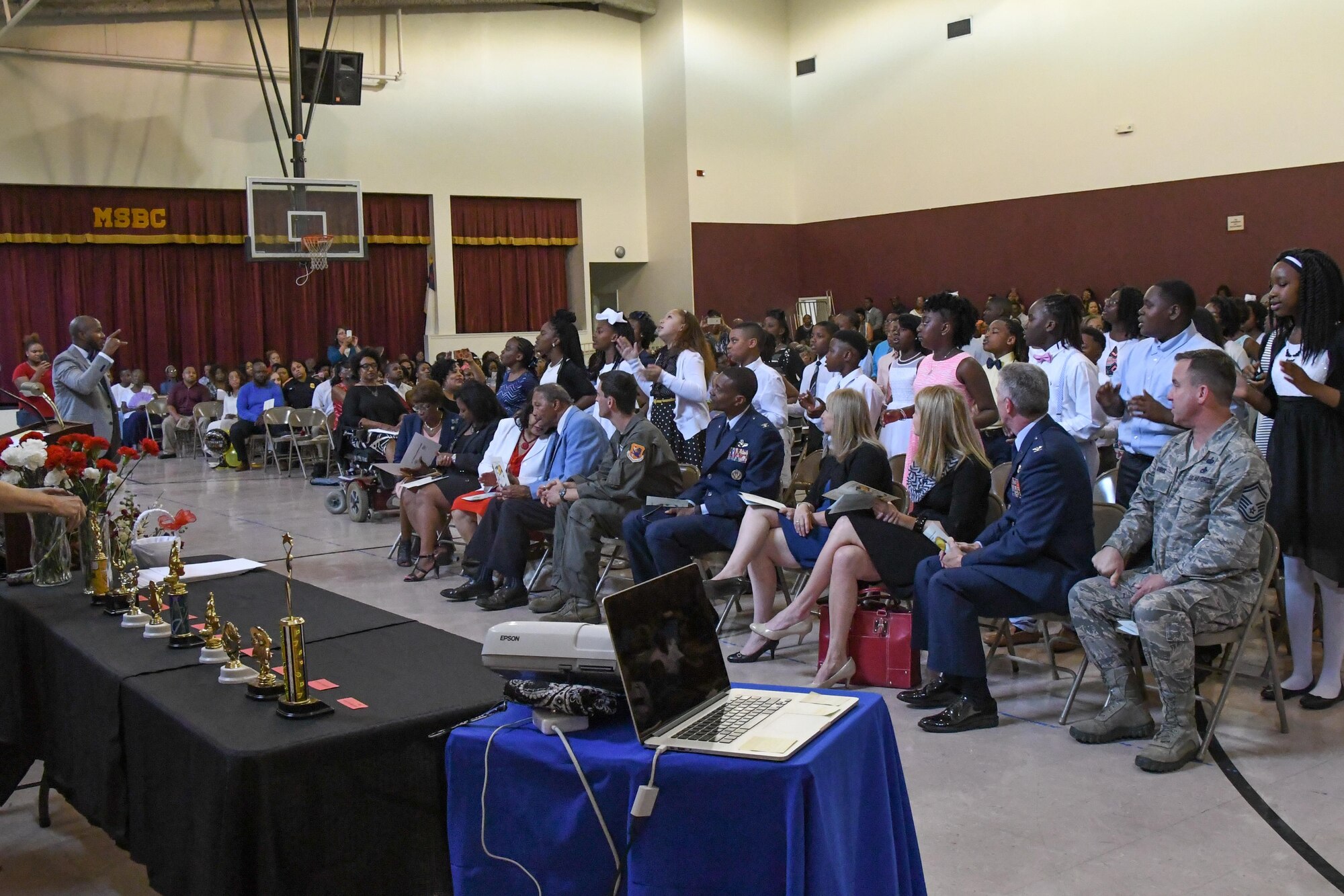 Fifth-grade students from at Judson Fundamental Elementary Magnet School in Shreveport, La. sing “Don’t Worry, Be Happy” for their guests and families during their STARBASE Louisiana graduation on May 19, 2016. This class marks the 1,000th graduation for the STARBASE Louisiana program that provides a 25-hour hands-on minds-on STEM (science, technology, engineering, and mathematics) curriculum to area fifth-grade students and their teachers. (U.S. Air Force photo by Master Sgt. Dachelle Melville/Released)
