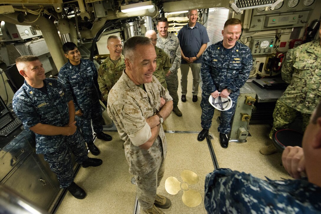 Marine Corps Gen. Joe Dunford, chairman of the Joint Chiefs of Staff, tours the Ohio-class ballistic missile submarine USS Alaska at Naval Submarine Base Kings Bay, Ga., May 20, 2016. DoD photo by D. Myles Cullen