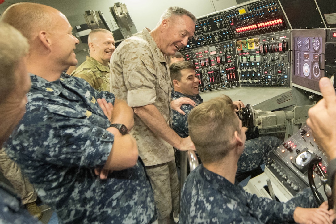 Marine Corps Gen. Joe Dunford, chairman of the Joint Chiefs of Staff, talks with students at the Trident Training Facility at Naval Submarine Base Kings Bay, Ga., May 20, 2016. DoD photo by D. Myles Cullen