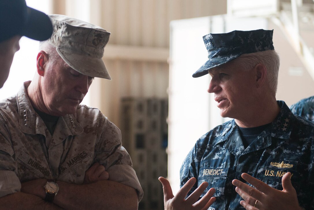 Navy Vice Adm. Terry J. Benedict, right, director of the Navy’s Strategic Systems Programs, briefs Marine Corps Gen. Joe Dunford, chairman of the Joint Chiefs of Staff, at Naval Submarine Base Kings Bay, Ga., May 20, 2016. DoD photo by D. Myles Cullen