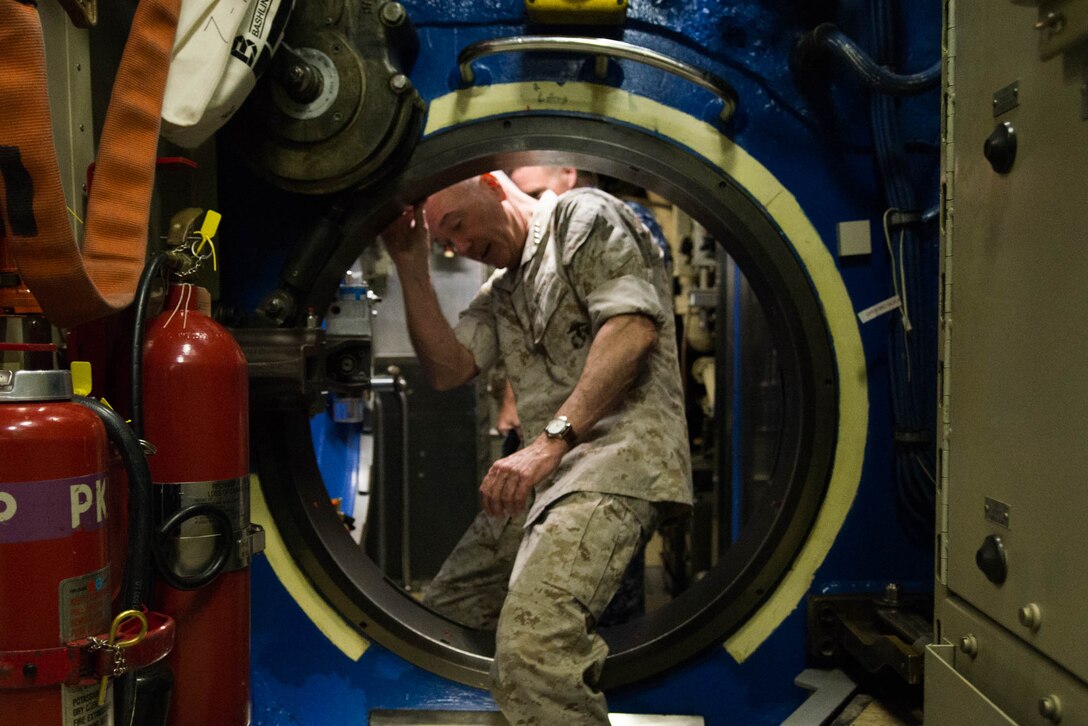 Marine Corps Gen. Joe Dunford, chairman of the Joint Chiefs of Staff, tours the Ohio-class ballistic missile submarine USS Alaska at Naval Submarine Base Kings Bay, Ga., May 20, 2016. DoD photo by D. Myles Cullen