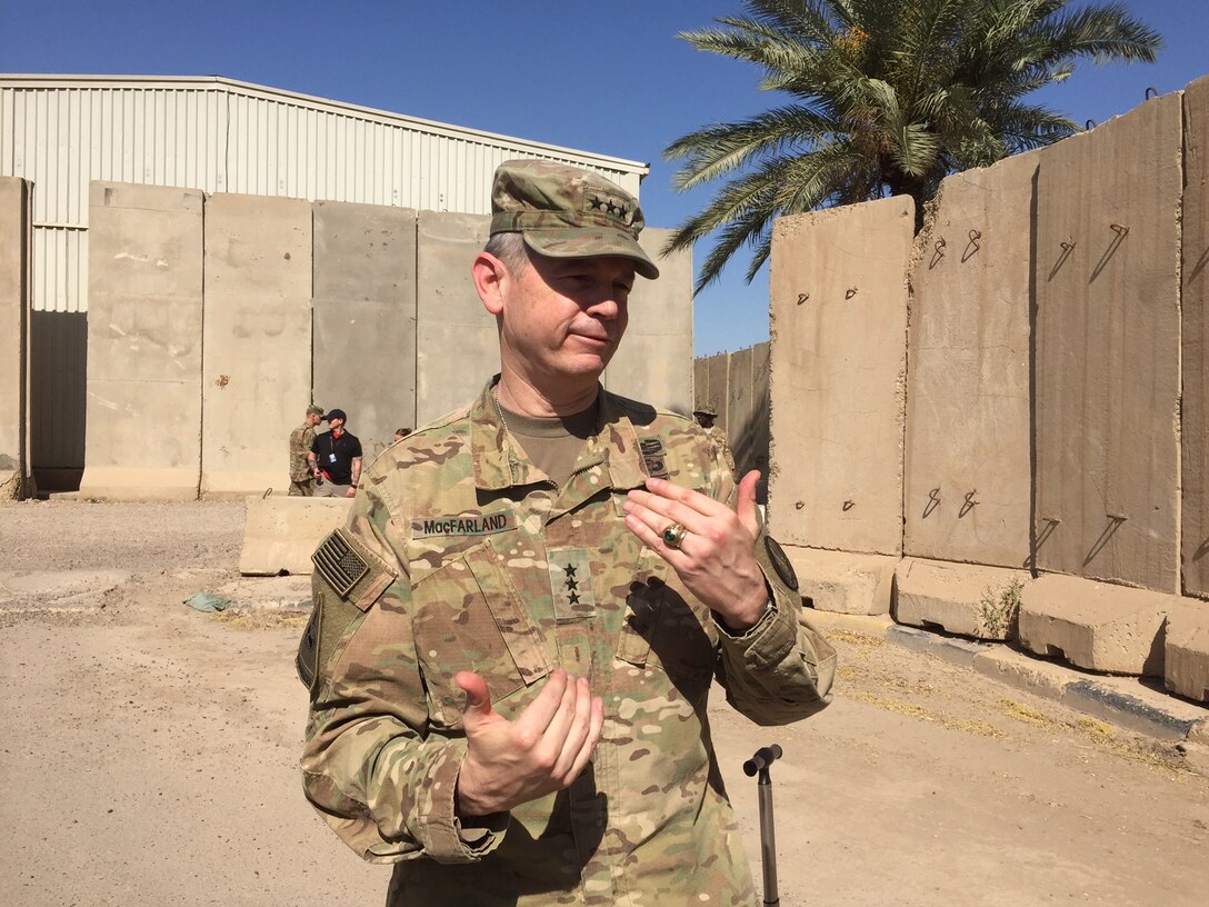 Army Lt. Gen. Sean MacFarland, commander of Combined Joint Task Force-Operation Inherent Resolve, spoke in Baghdad with reporters who are traveling with U.S. Central Command commander Army Gen. Joseph L. Votel, May 20, 2016. Votel is meeting this week with coalition troops and local counter-ISIL partners in the Middle East. DoD photo by Cheryl Pellerin