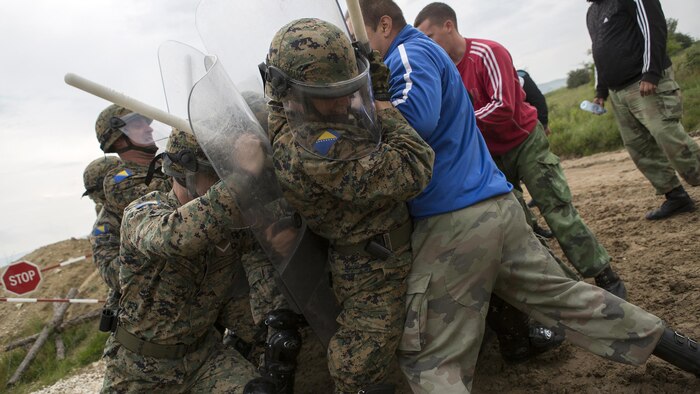 Soldiers with 1st Battalion, 6th Infantry Brigade, Armed Forces of Bosnia, demonstrate riot control techniques during exercise Platinum Wolf 2016 at Peacekeeping Operations Training Center South Base, Bujanovac, Serbia, May 20, 2016. The soldiers are working with the partner nations of Bulgaria, Macedonia, Montenegro, Slovenia, Serbia and the United States during the final field exercise where they master patrols, military operation urban terrain training, and build their interoperability.