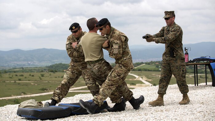 1st Lt. Jonathan Stinson, (far right) platoon commander with Company Delta, 4th Law Enforcement Battalion, Force Headquarters Group, Marine Forces Reserve, demonstrates the use of a Taser during Distinguished Visitors Day of exercise Platinum Wolf 2016 at Peacekeeping Operations Training Center South Base, Bujanovac, Serbia, May 20, 2016. The nations of Bosnia, Bulgaria, Macedonia, Montenegro, Slovenia, Serbia and the United States join together during the final field exercises to demonstrate their abilities to conduct peacekeeping operations and the ability to work together.