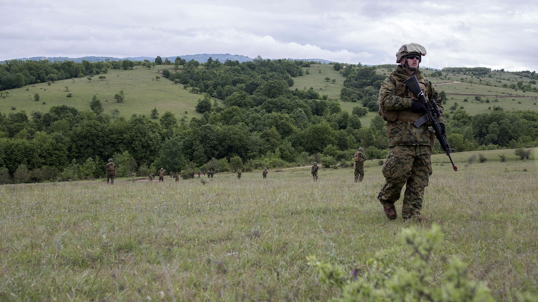 Reserve Marines with 4th Law Enforcement Battalion, Force Headquarters Group, Marine Forces Reserve, patrol the Serbian countryside during exercise Platinum Wolf 2016 at Peacekeeping Operations Training Center South Base, Bujanovac, Serbia, May 16, 2016. The Marines are working with the partner nations of Bosnia, Bulgaria, Macedonia, Montenegro, Slovenia and Serbia to share new ideas, build interoperability, and master peacekeeping operations.