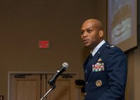 Col. Roy Collins, incoming 37th Training Wing commander, addresses the audience  during the 37th TRW change of command ceremony May 20, 2016, at the Gateway Club at Joint Base San Antonio-Lackland, Texas. Collins comes to JBSA-Lackland from Minot Air Force Base, N.D., where he was the 5th Bomb Wing Mission Support Group commander.

