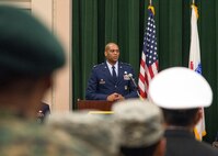 Col. Roy Collins, incoming 37th Training Wing commander, addresses the audience  during the 37th TRW change of command ceremony May 20, 2016, at the Gateway Club at Joint Base San Antonio-Lackland, Texas. Collins comes to JBSA-Lackland from Minot Air Force Base, N.D., where he was the 5th Bomb Wing Mission Support Group commander.

