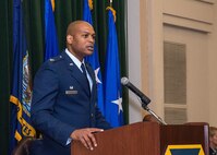 Col. Roy Collins, incoming 37th Training Wing commander, addresses the audience  during the 37th TRW change of command ceremony May 20, 2016, at the Gateway Club at Joint Base San Antonio-Lackland, Texas. Collins comes to JBSA-Lackland from Minot Air Force Base, N.D., where he was the 5th Bomb Wing Mission Support Group commander.

