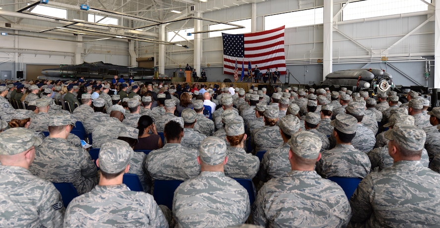 Maj. Gen. Richard Clark, 8th Air Force commander, speaks during the 2nd Bomb Wing change of command ceremony at Barksdale Air Force Base, La., May 20, 2016. As commander, he will be charged with promoting the welfare of more than 11,400 military and civilian personnel, 6,300 family members and 25,000 retirees. (U.S. Air Force photo/Senior Airman Curt Beach)