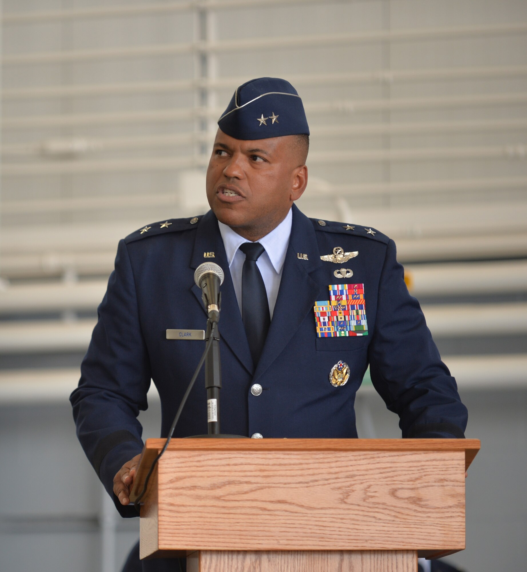 Maj. Gen. Richard Clark, 8th Air Force commander, introduces Col. Ty Neuman to the 2nd Bomb Wing during a change of command Ceremony at Barksdale Air Force Base, La., May 20, 2016. Clark, who oversees four bomb wings including the 2nd, presided over the transfer of command from Col. Kristin Goodwin to Neuman. (U.S. Air Force photo/Senior Airman Mozer O. Da Cunha)