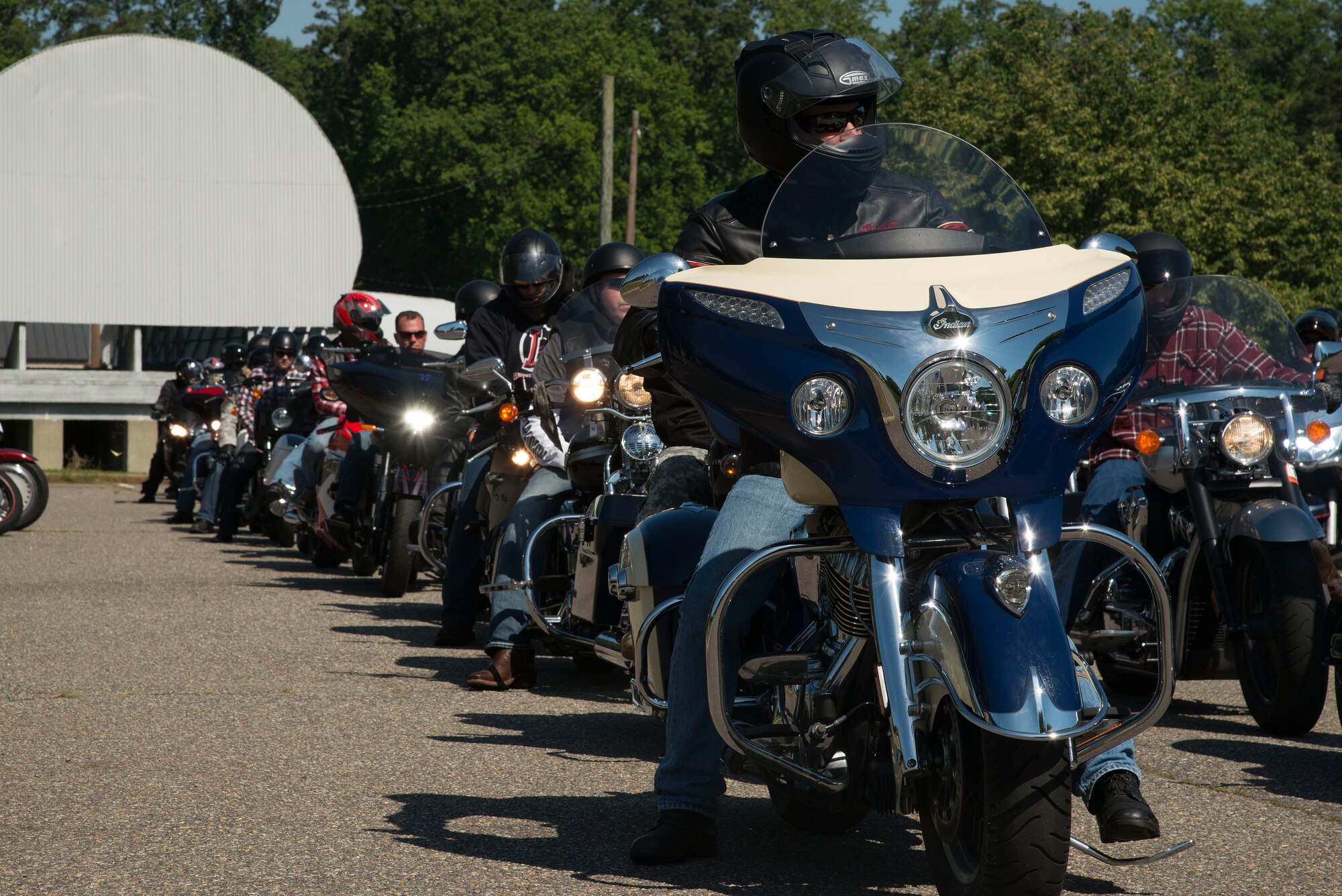 U.S. Army Col. William Galbraith, commander of the 733rd Mission Support Group, leads the National Defenders Vietnam Memorial Ride at Fort Eustis, Va., May 20, 2016. The 90-mile ride is the final event of the three-day 50th anniversary of the Vietnam War commemoration. (U.S. Air Force photo by Senior Airman Kristina LaCoste)