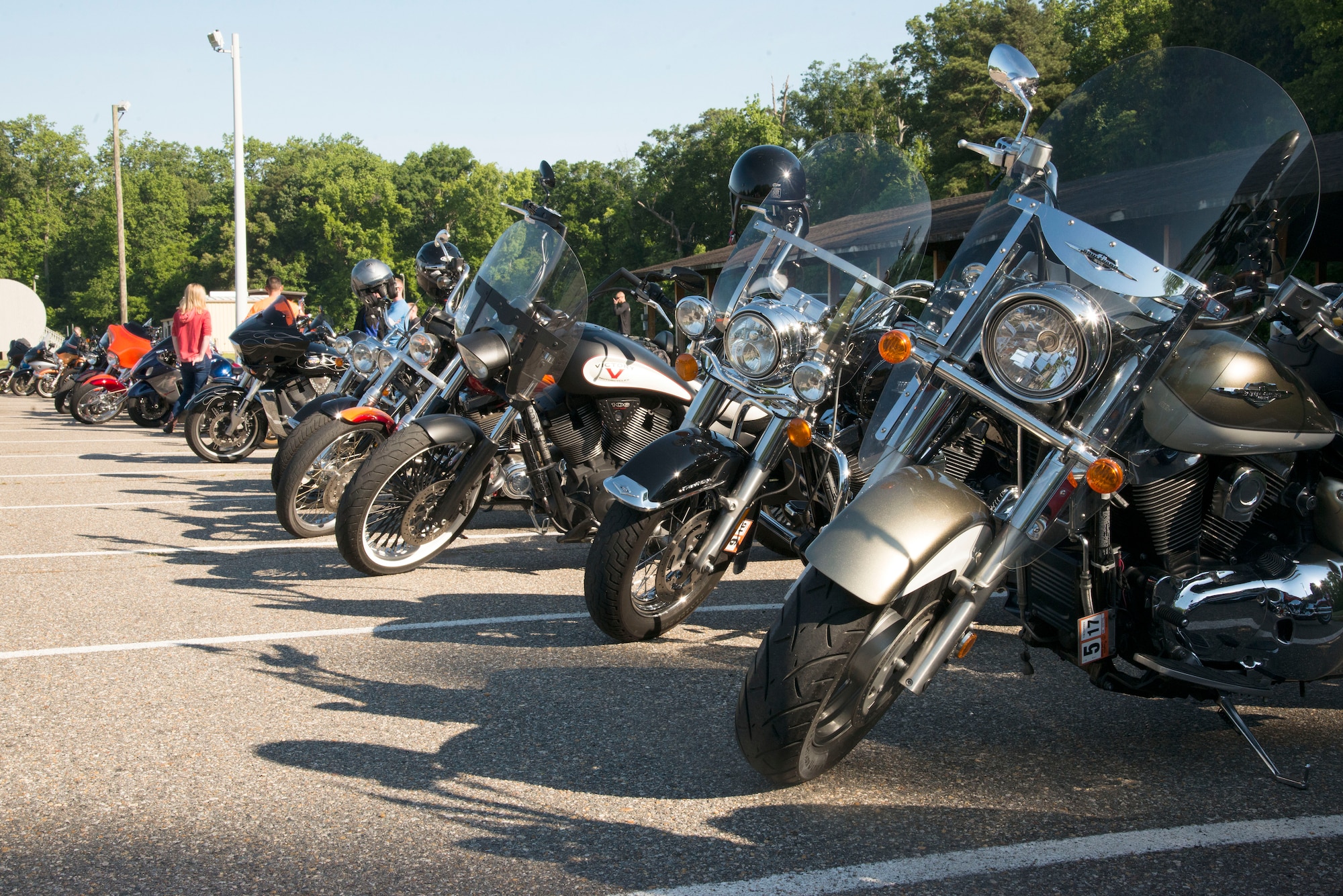 Motorcycles are lined up for the National Defenders Vietnam Memorial Ride to show respect for Vietnam veterans at Fort Eustis, Va., May 20, 2016. This ride marked the final event for the three-day commemoration. (U.S. Air Force photo by Senior Airman Kristina LaCoste)