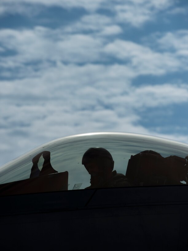 An F-22 Raptor prepares for takeoff at Langley Air Force Base, Va., May 19, 2016. Approximately 200 Airmen with the 1st and 192nd Fighter Wings travelled to Joint  Base Elmendorf-Richardson to participate in exercises Distant Frontier and Red-Flag-Alaska 16-2, a field training exercise for U.S. forces that provides joint offensive counter-air, close air support and large force employment training in a simulated combat environment.
(U.S. Air Force photo by Senior Airman Kayla Newman)

