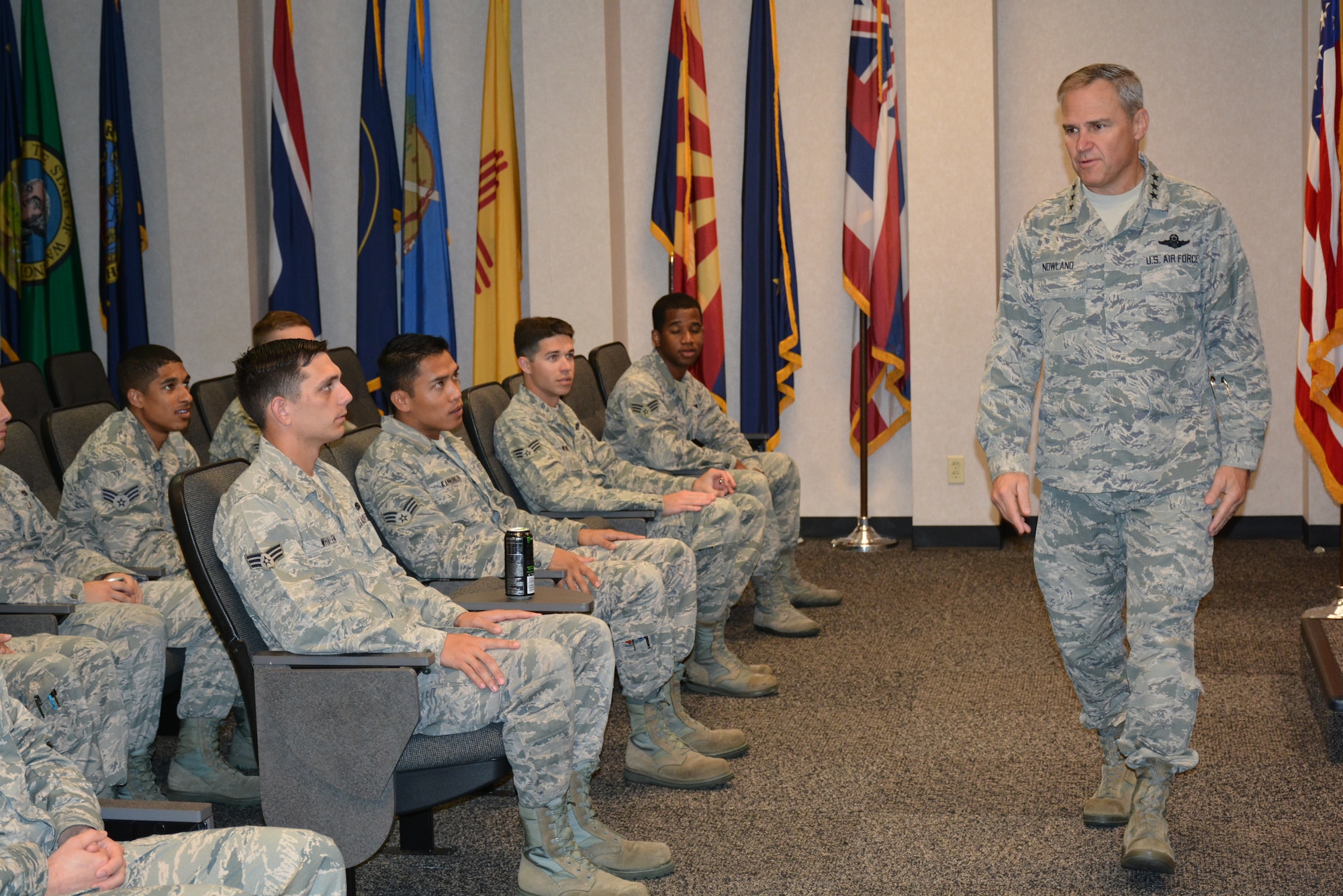 Lt. Gen. Chris Nowland, commander, 12th Air Force (Air Forces Southern), holds an open discussion with Airmen from the 552nd Air Control Wing on the morning they are scheduled to graduate from Airman Leadership School on May 12 at Tinker Air Force Base. General Nowland, his wife, Kristan, and 12th AF (Air Forces Southern) Command Chief Master Sgt. Jose Barraza visited Tinker and the Oklahoma City area May 11-13 to learn more about the base, the 552nd ACW mission and the men and women who perform that mission. The trio from Davis-Monthan AFB, Arizona, also attended an ROTC graduation and reception on May 13 at the University of Oklahoma in Norman. (Air Force photo by Darren D. Heusel/Released)