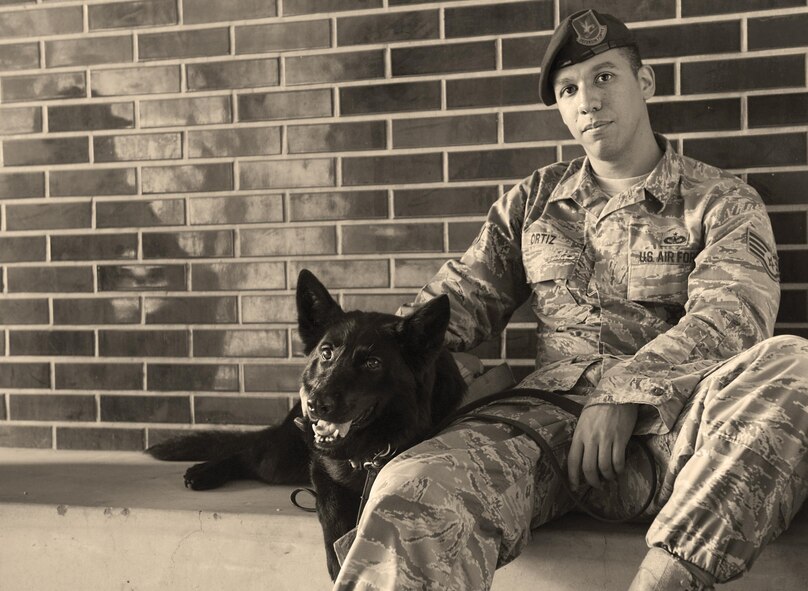 Staff Sgt. Edwin Ortiz, 374th Security Forces Squadron military working dog handler, relaxes with his canine, Stella, in between events at Yokota’s Top Dog competition at Yokota Air Base, Japan, May 16, 2016. The competition showcased the dogs and their handlers’ ability to work together through bomb and drug detection, building search and relay races. (U.S. Air Force photo by Airman 1st Class Elizabeth Baker/Released)