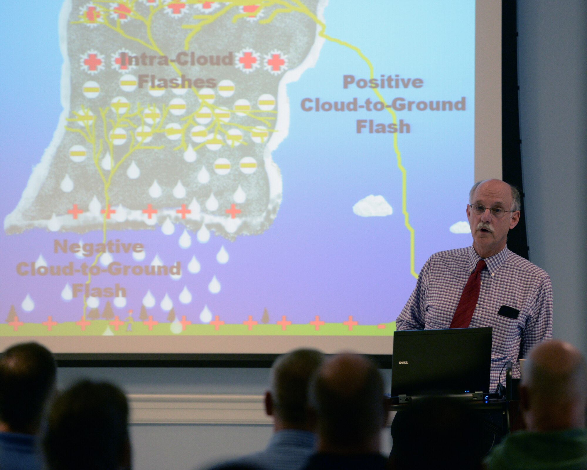 Mr. John Jensenius, National Weather Service lightning safety specialist warning coordination meteorologist, discusses lightning safety with members of the 157th Air Refueling Wing, during the 2016 Wing Safety Down Day, Pease Air National Guard Base, N.H., May 20, 2016.  The event which also included a barbecue, included other topics such as vehicle safety and accidents, and boater safety. (U.S. Air National Guard photo by Staff Sgt. Curtis J. Lenz) 
