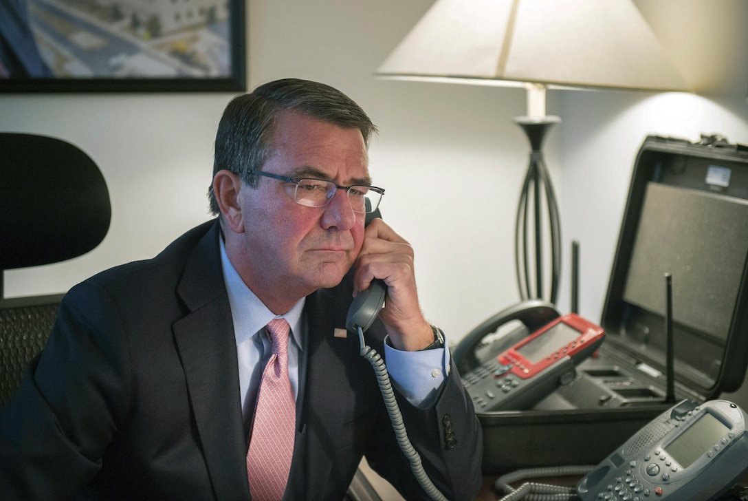 Defense Secretary Ash Carter speaks to Japanese Defense Minister Gen Nakatani via phone from the Pentagon, May 21, 2016. DoD photo by Air Force Senior Master Sgt. Adrian Cadiz