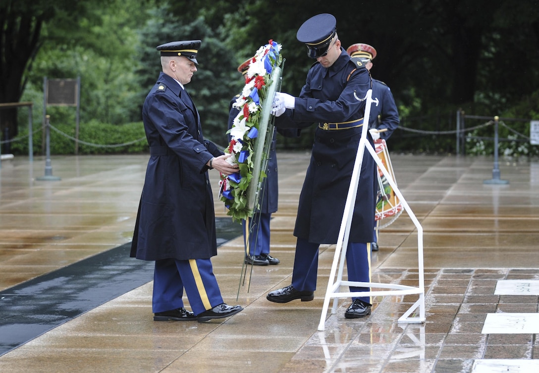 Army Command Sgt. Maj. John W. Troxell, senior enlisted advisor to the chairman of the Joint Chiefs of Staff, lays a wreath at the Tomb of the Unknown Soldier in honor of National Armed Forces Day in Arlington National Cemetery, Arlington, Va., May 21, 2016. DoD photo by Marvin D. Lynchard