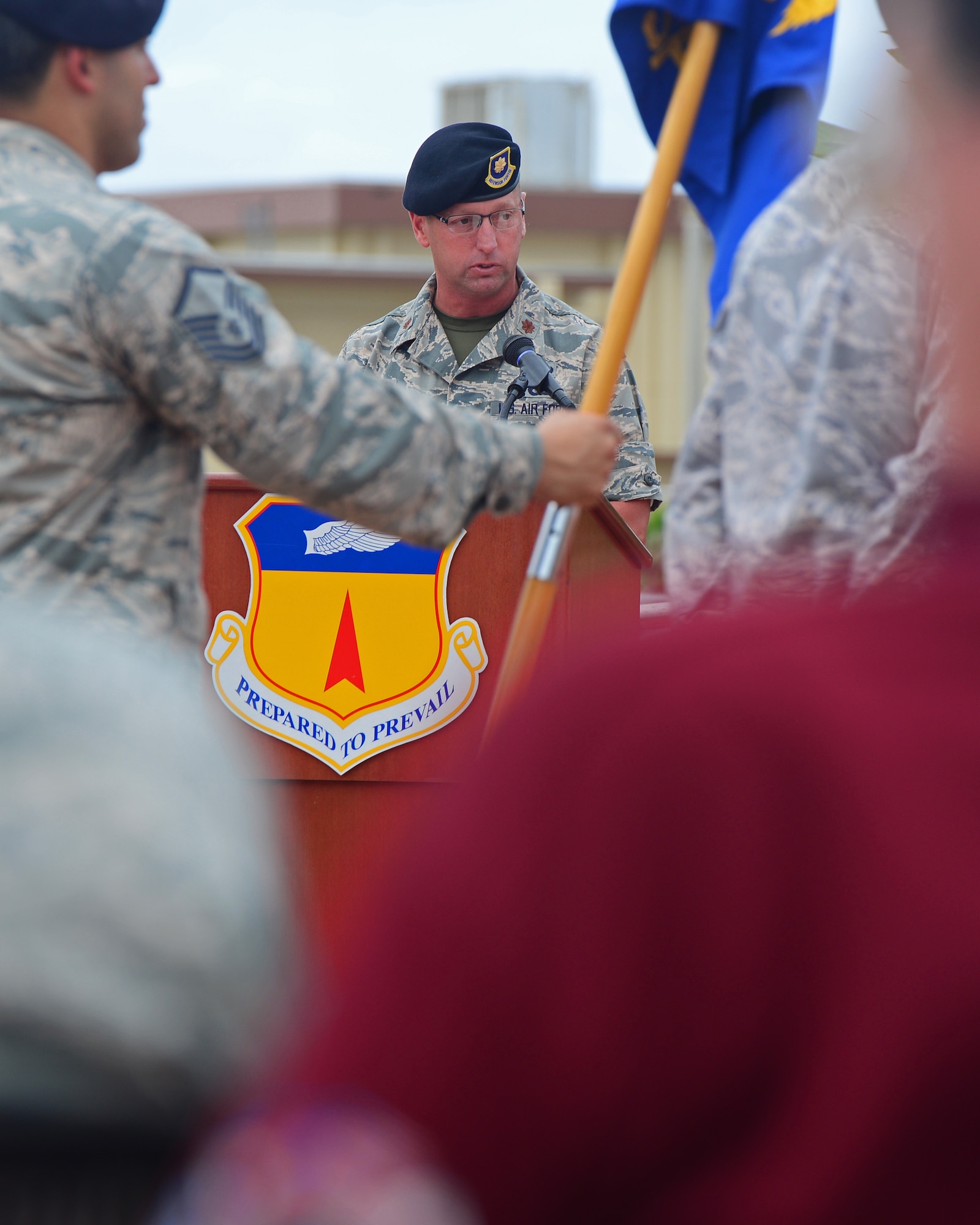 Maj. Michael Jewell, 36th Security Forces Squadron commander, speaks during a retreat ceremony May 20, 2016, at Andersen Air Force Base, Guam. The ceremony was the capstone event of Police Week, a week dedicated to honoring law enforcement officers who have paid the ultimate sacrifice. (U.S. Air Force photo by Senior Airman Joshua Smoot)