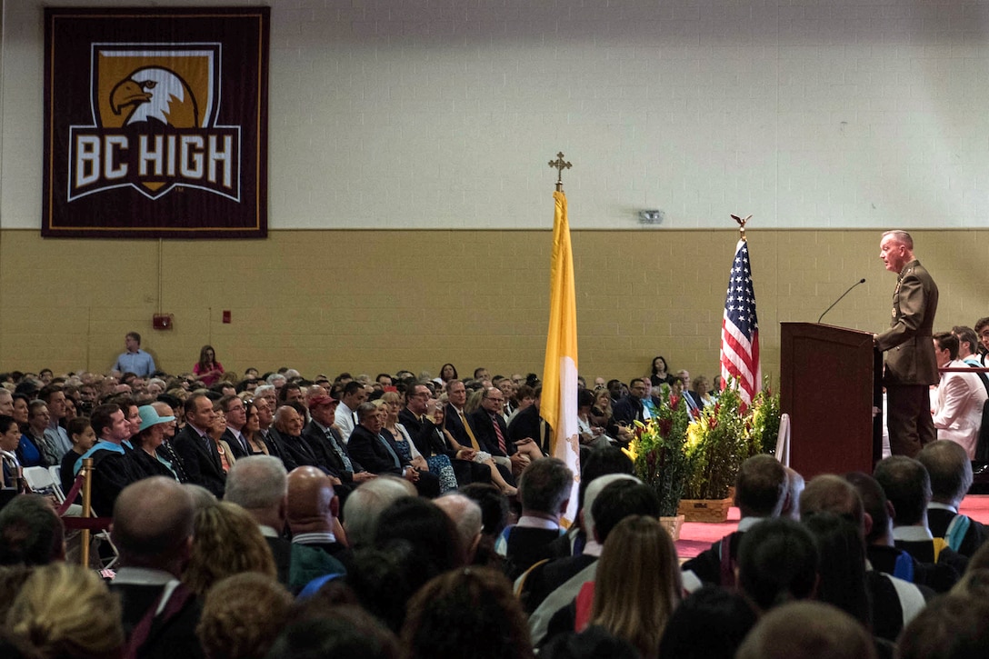 Marine Corps Gen. Joe Dunford, chairman of the Joint Chiefs of Staff, delivers the commencement address for the 2016 graduating class of Boston College High School in Boston, Mass., May 22, 2016.  General Dunford graduated from Boston College High School in 1973, went on to St Michael's College, and recieved his commission in 1977. Photo by D. Myles Cullen