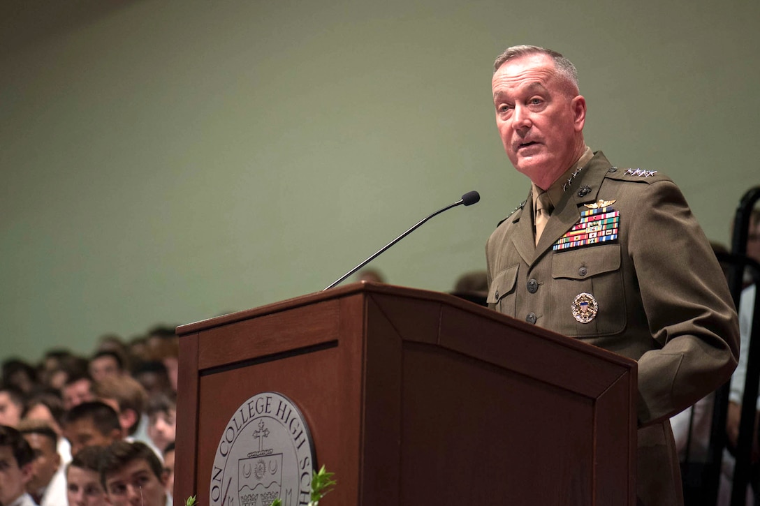 Marine Corps Gen. Joe Dunford, chairman of the Joint Chiefs of Staff, delivers the commencement address for the graduating class of Boston College High School in Boston, Mass., May 22, 2016. A native of Boston, General Dunford graduated from Boston College High School in 1973, went on to St Michael's College, and received his commissioned in 1977. DoD photo by D. Myles Cullen